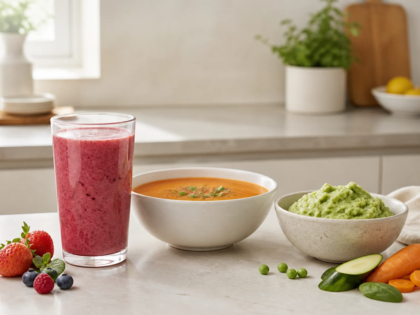 Blender processing results including a smoothie, blended soup and prepared soft ingredients