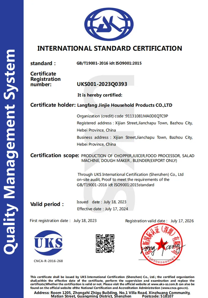 Representative JINJIE ISO 9001 quality-management system certificate cover