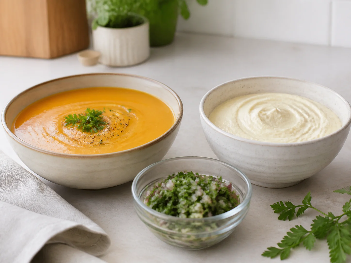 Hand blender results including blended soup, whisked mixture and chopped ingredients