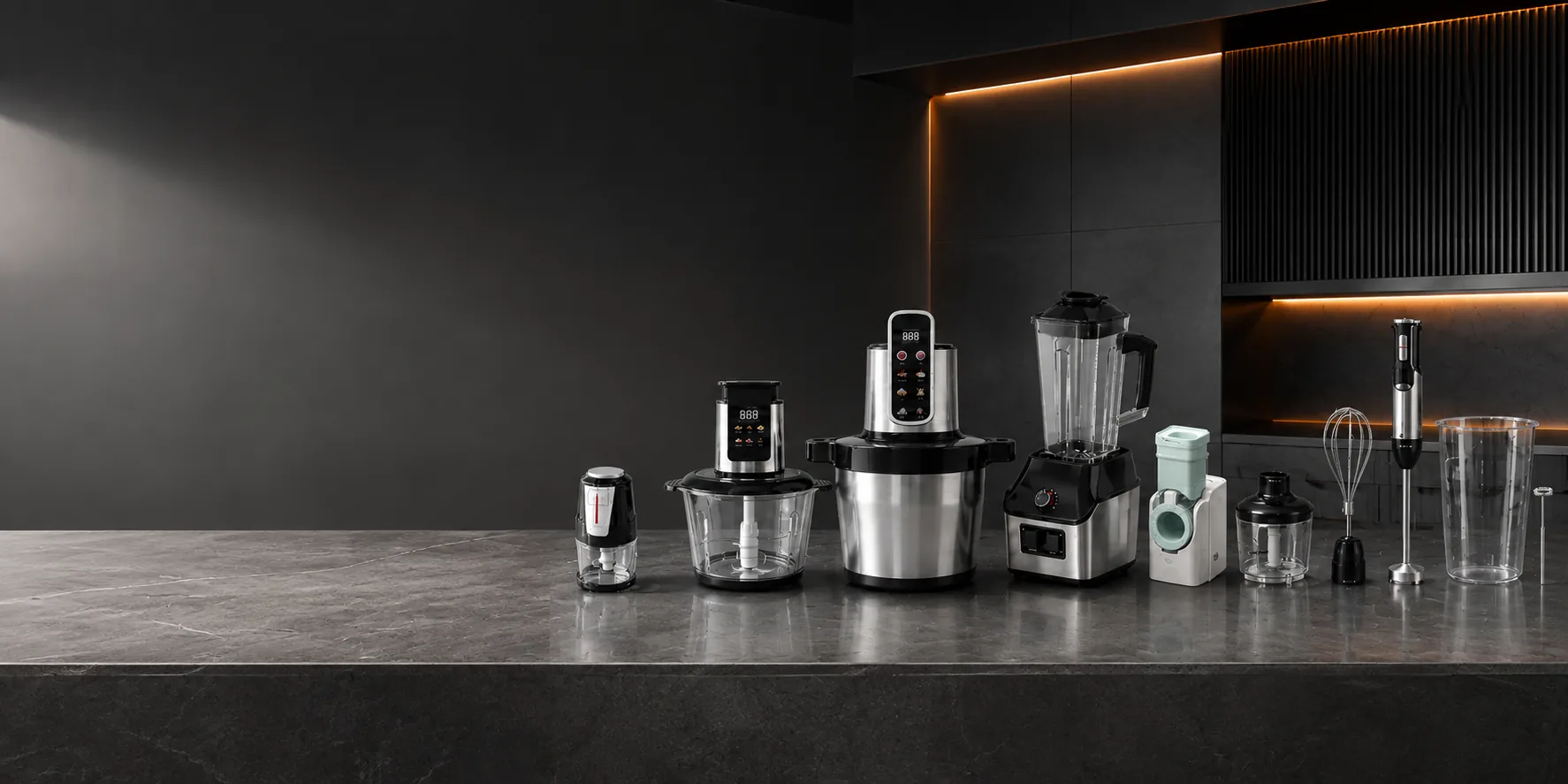 JINJIE small kitchen appliance range displayed in a graphite kitchen showroom