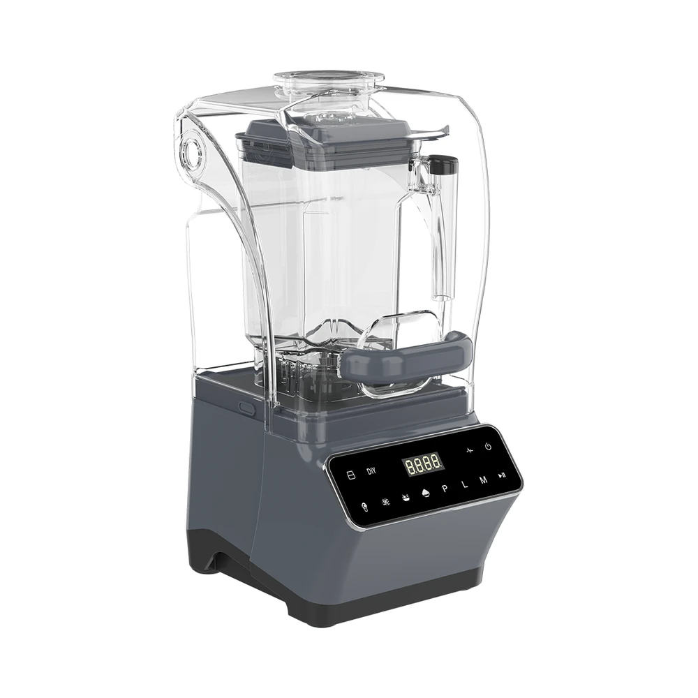 BSJ-A1 blender, grey housing and clear sound cover, angled view