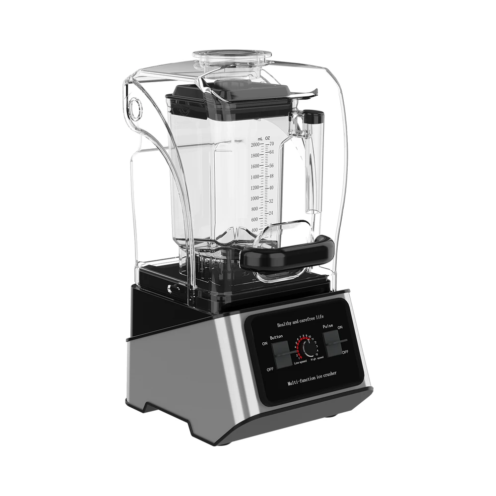 BSJ-A2 blender, handled jug inside the clear sound cover, angled view