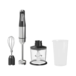 HB-1361 hand blender, silver and black hand blender with whisk, chopper and beaker