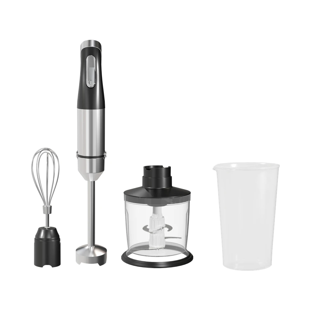 HB-1361 hand blender, silver and black hand blender with whisk, chopper and beaker
