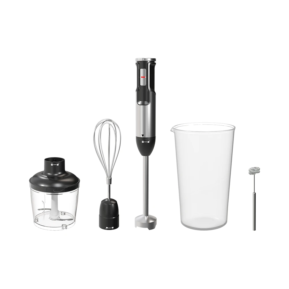 HB-E1/HB-E2 hand blender, black and silver hand blender set with whisk, chopper and beaker