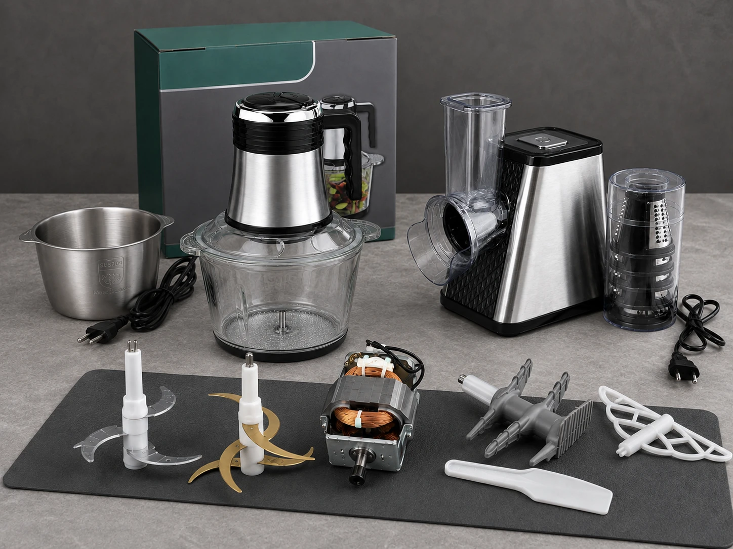 JINJIE meat chopper and salad maker with blade, bowl, motor and accessory samples for OEM product selection