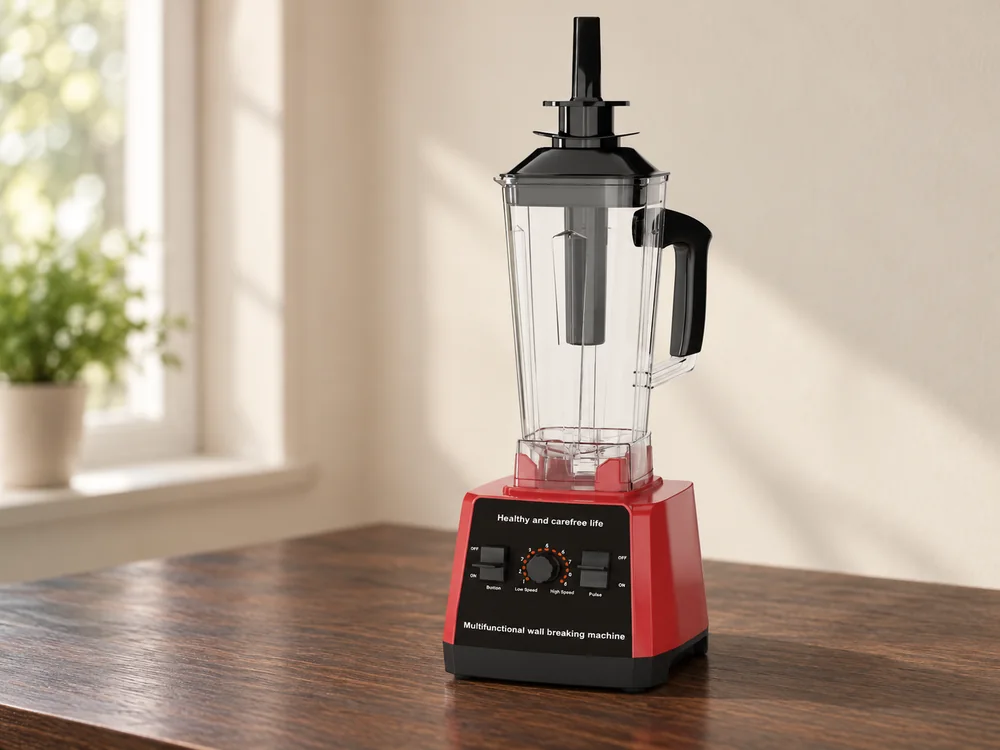 Red PBJ-01 blender with a clear jar, black lid and front dial on a wooden table