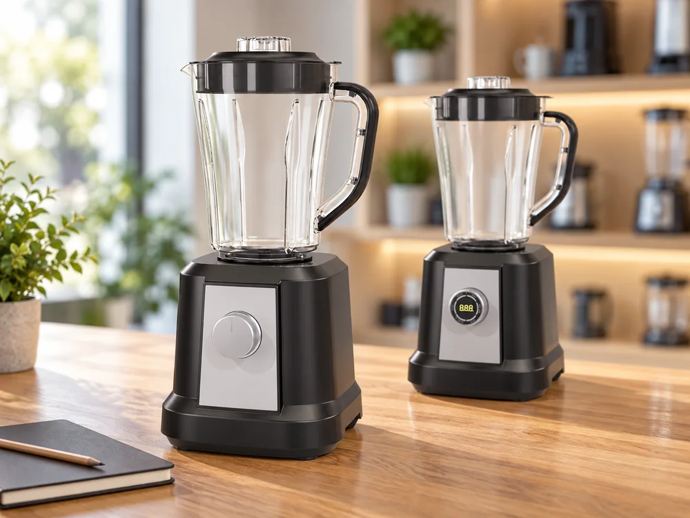 Two black countertop blenders with different front controls on a showroom table