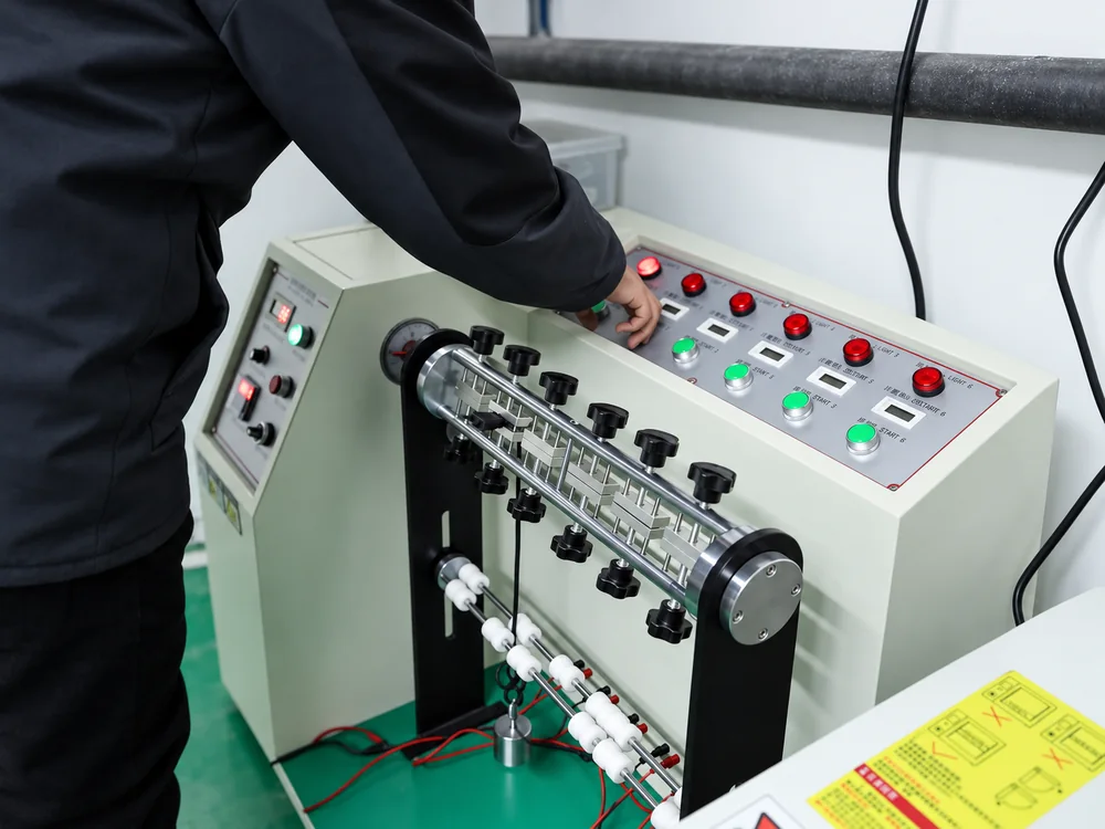 Factory worker operating existing test equipment with several fixtures and control buttons