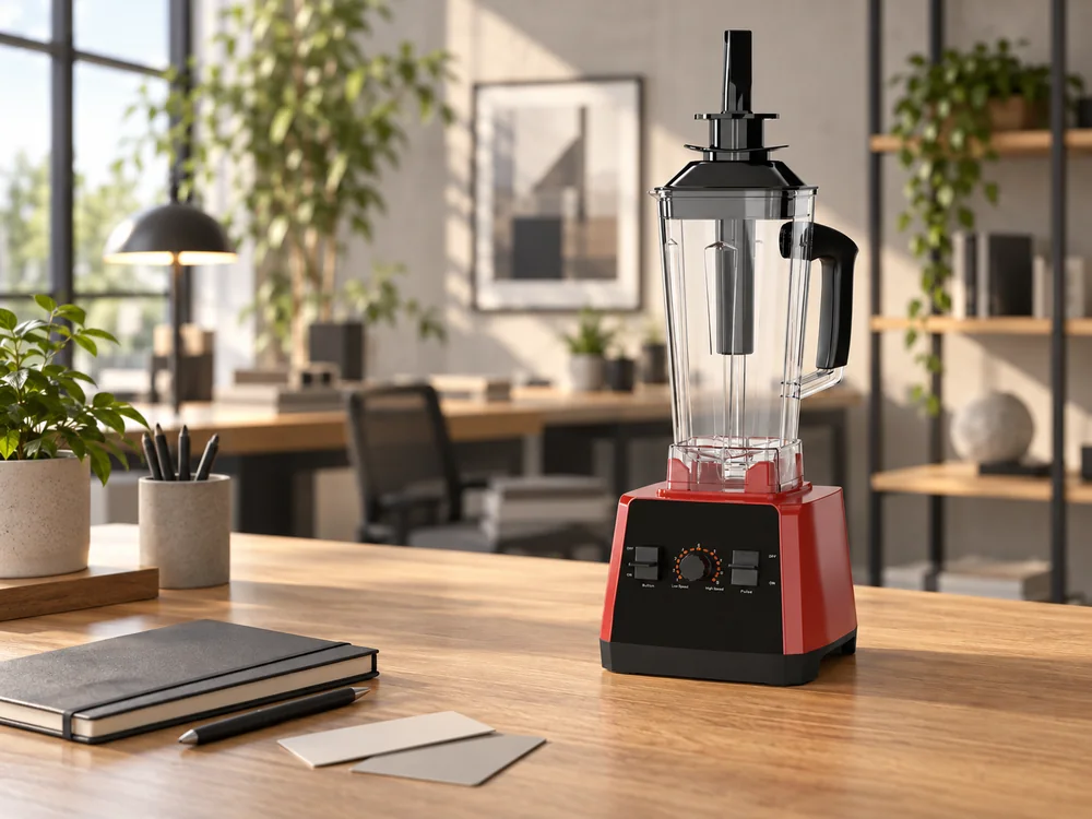 PBJ-01 blender on a product discussion desk beside blank neutral color samples