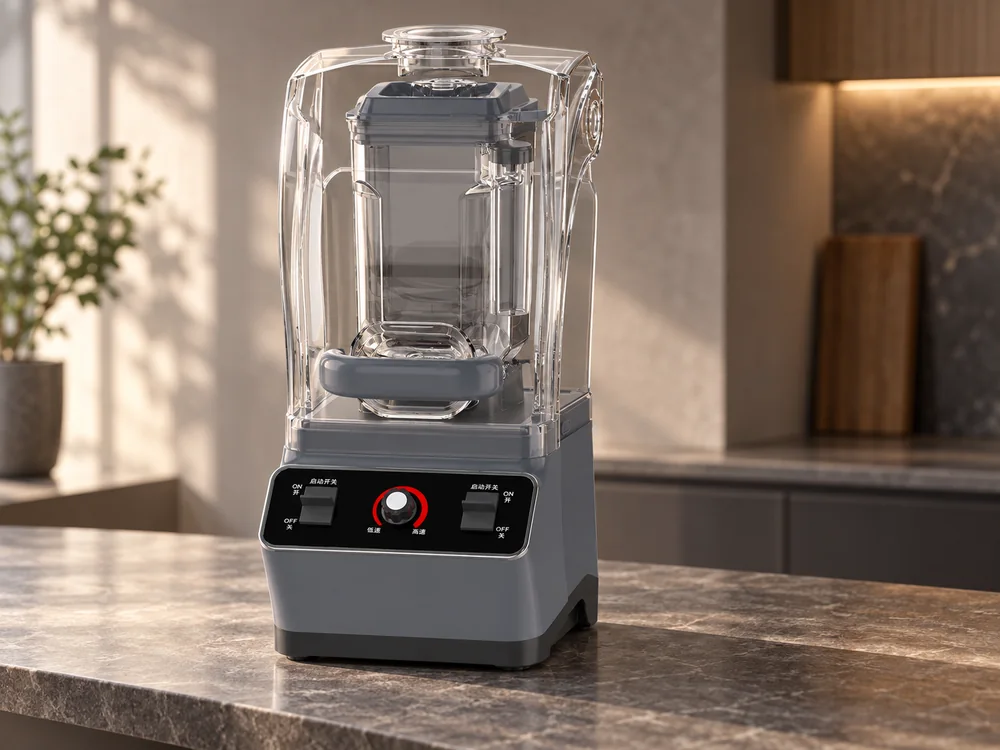 BSJ-01 blender with its transparent sound cover on a kitchen counter