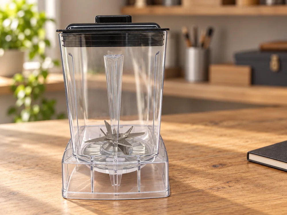 Clear square vessel with a black lid and visible internal assembly on a review table