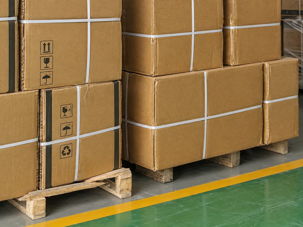 Close view of strapped shipping cartons and wooden pallets in the actual warehouse