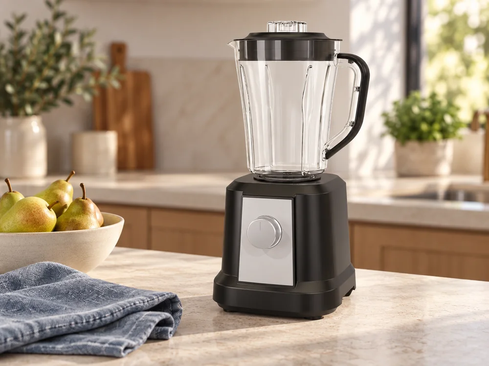 Black BL1161 countertop blender with a silver dial on a light stone kitchen surface