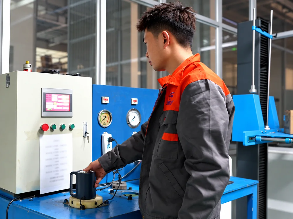 Factory worker handling an appliance at a blue testing bench beside controls and gauges