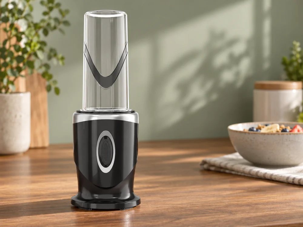 BL1461 small-cup blender with its clear container on a wooden kitchen counter
