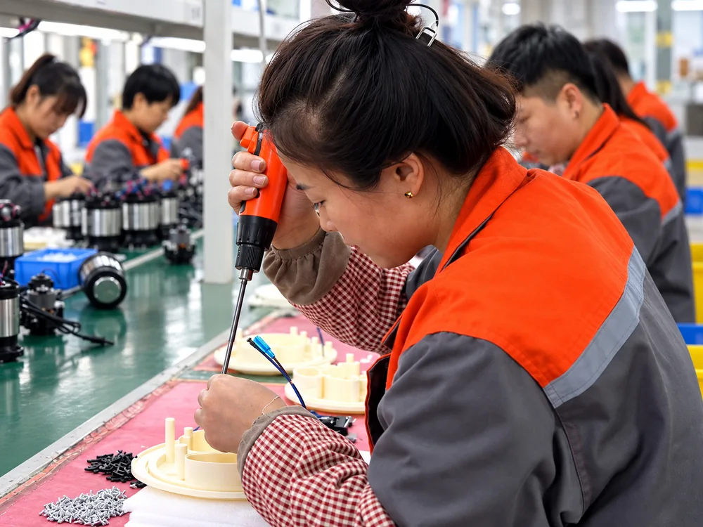 Factory operator assembling appliance components at an existing workstation