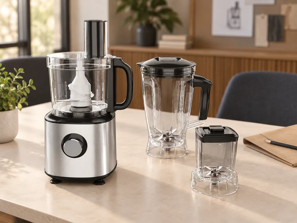 MFP-01 processor assembly with a separate blender jar and small grinder container on a sample review table
