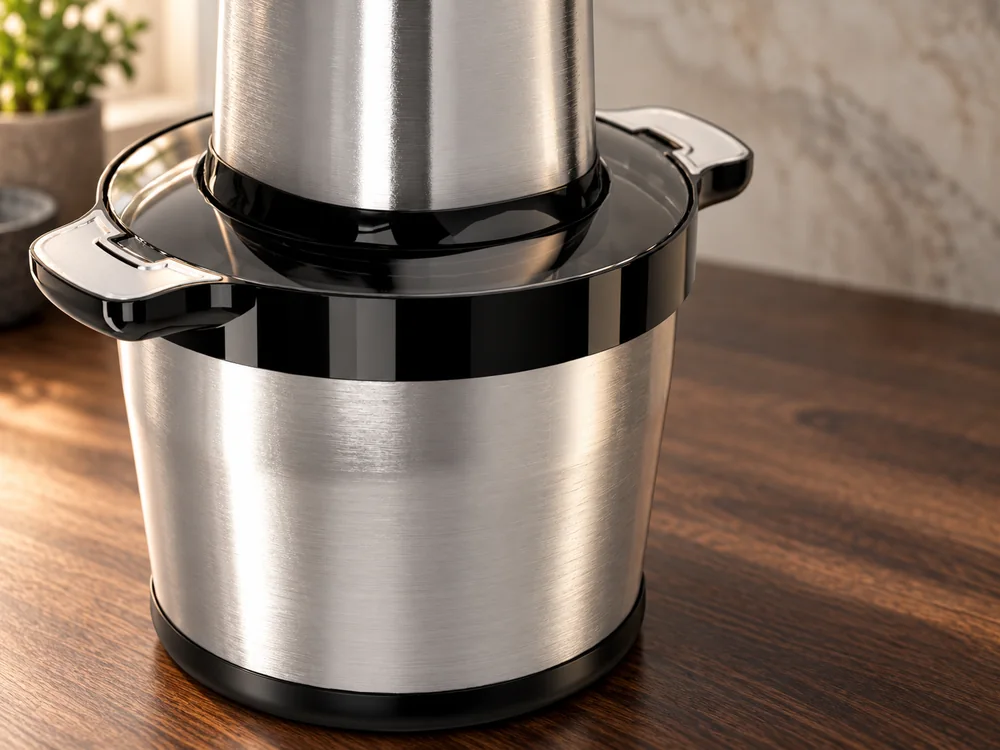 Detail of the MC-04 bowl handles, lid and steel bowl on a wooden counter