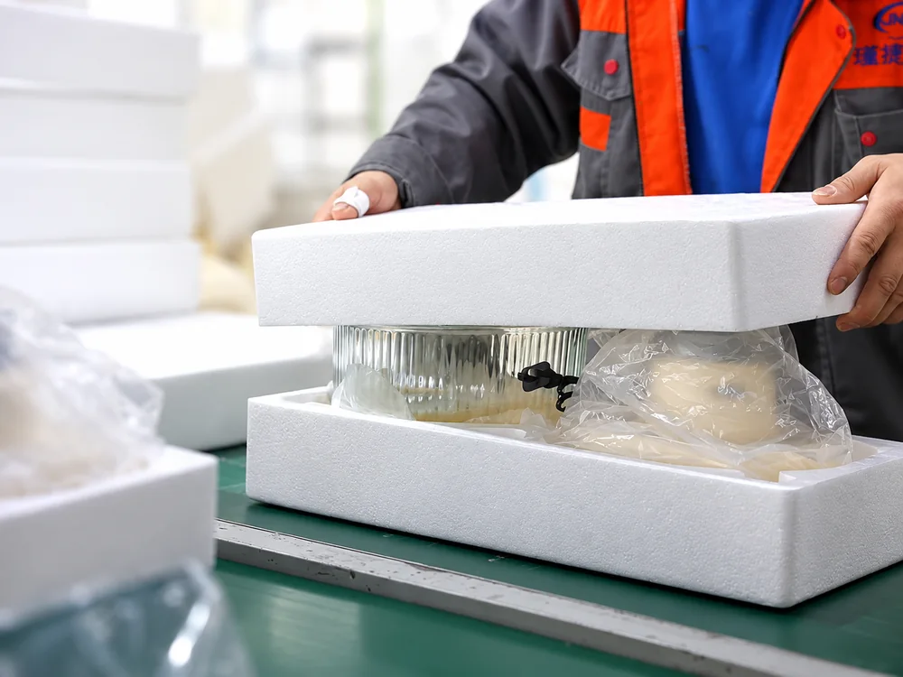 Worker placing a protective foam insert over a packed glass bowl and wrapped appliance components