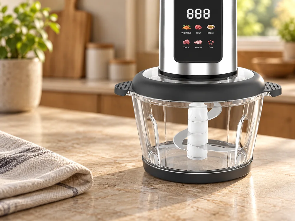SD-series chopper glass bowl and matched lid on a kitchen worktop