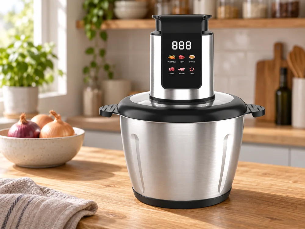 SD-01 steel-bowl electric chopper on a kitchen counter with whole onions beside it