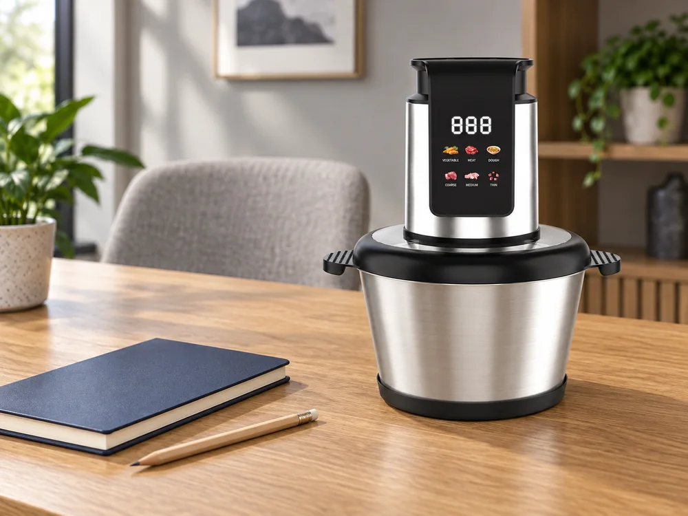 SD-02 steel-bowl chopper beside a closed notebook on a sample discussion table