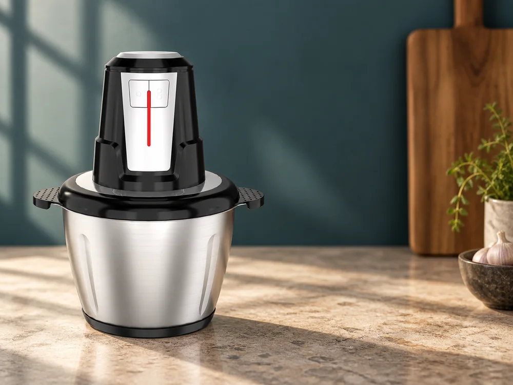Black and silver steel-bowl chopper with a red front accent on a stone counter