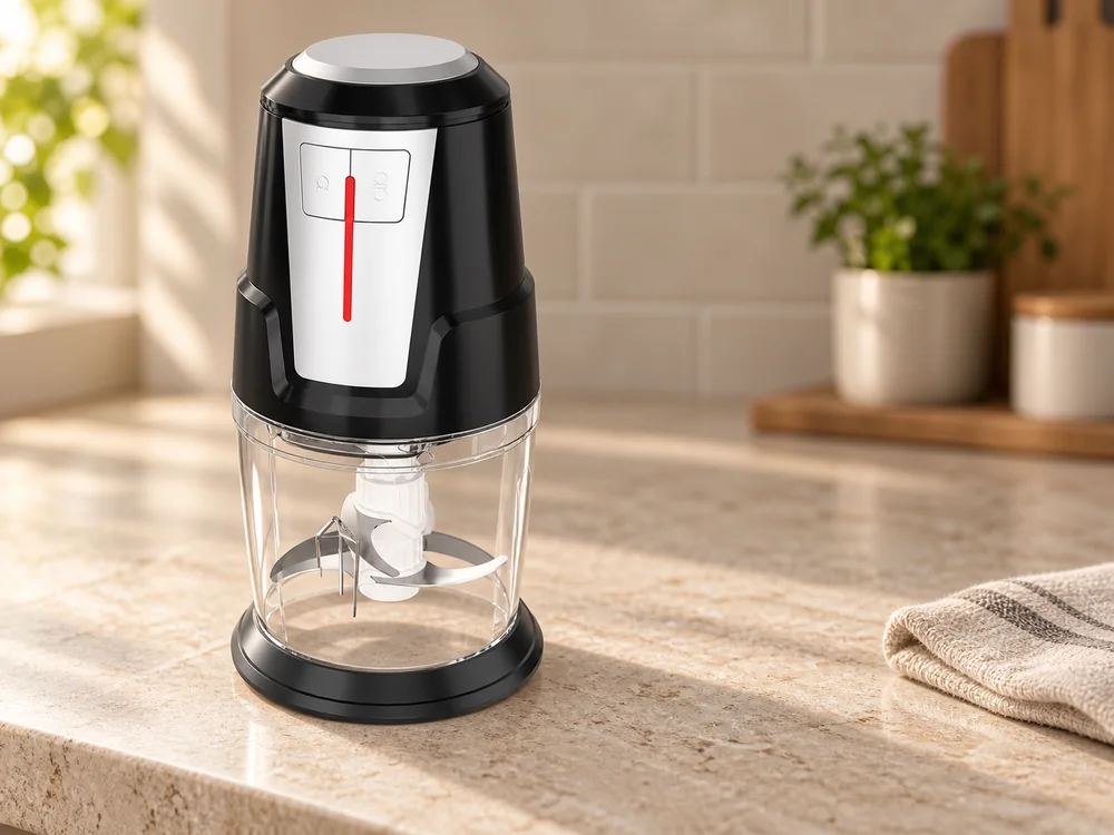 TY-05 electric chopper with a clear bowl on a kitchen counter