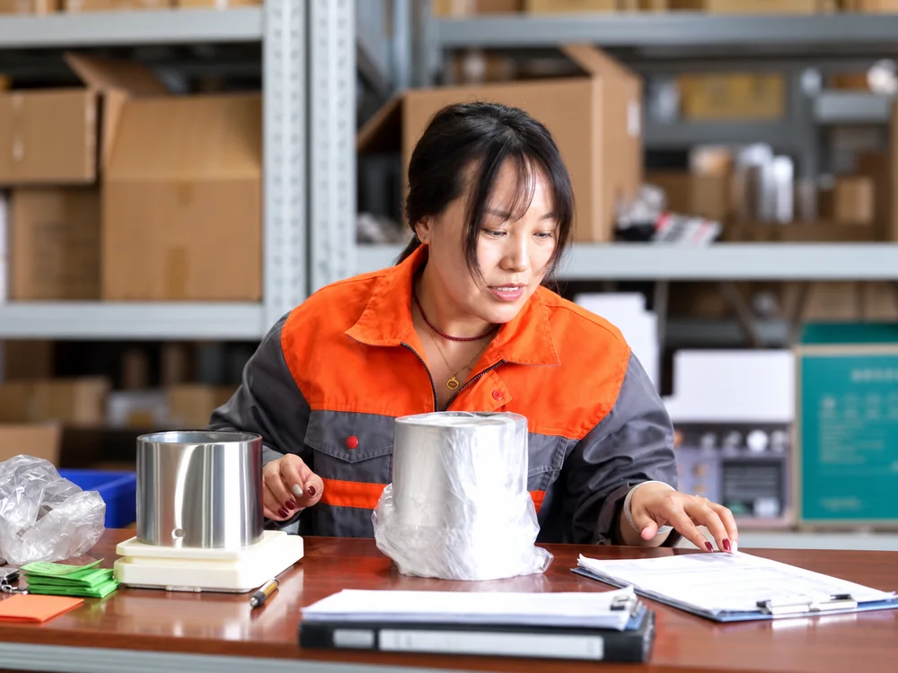 Factory worker reviewing papers and appliance components at a desk