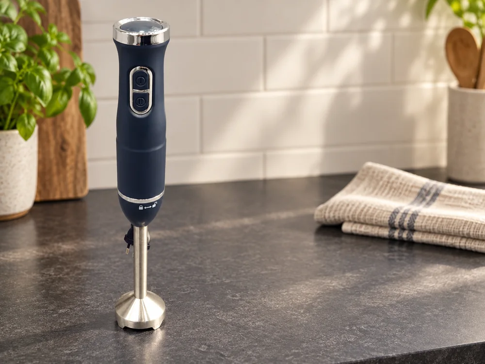 Navy immersion blender with twin buttons and a metal blending foot on a dark counter