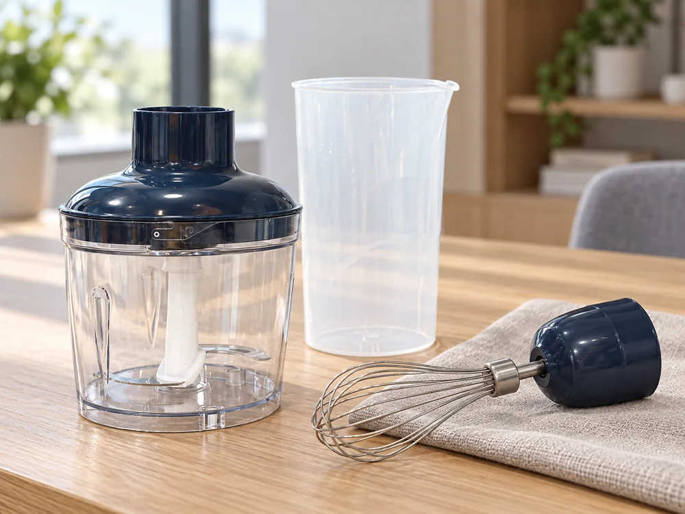 Chopper bowl with navy lid, frosted beaker and whisk with its adapter on a wooden table