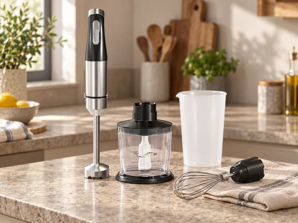 Immersion blender with a chopper attachment, whisk and beaker on a kitchen counter