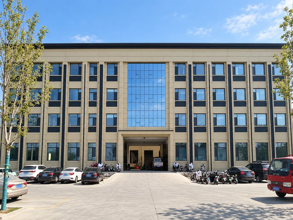 Front of the JINJIE factory building with blue central windows and its courtyard