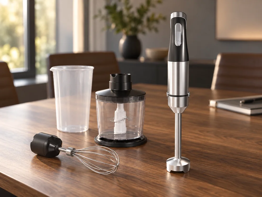 Black and silver immersion blender with its whisk, chopping bowl and beaker on a review table