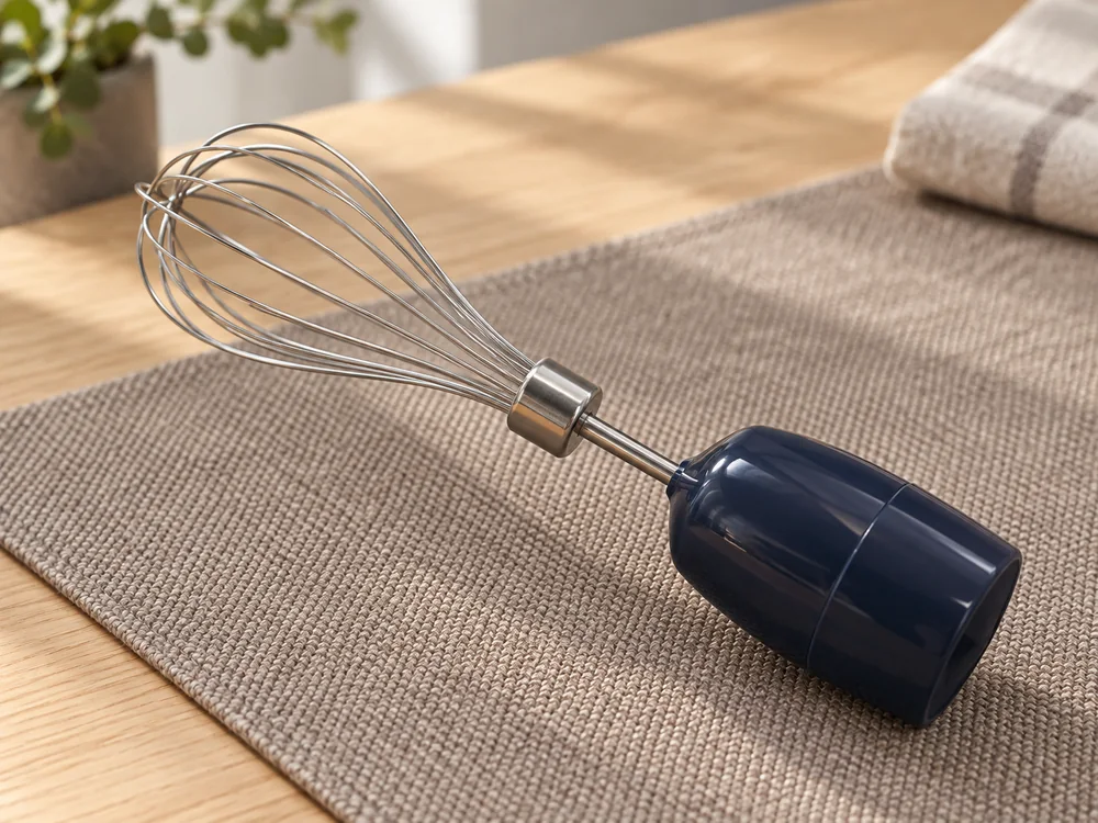 Wire whisk with its navy adapter resting diagonally on a textured table mat