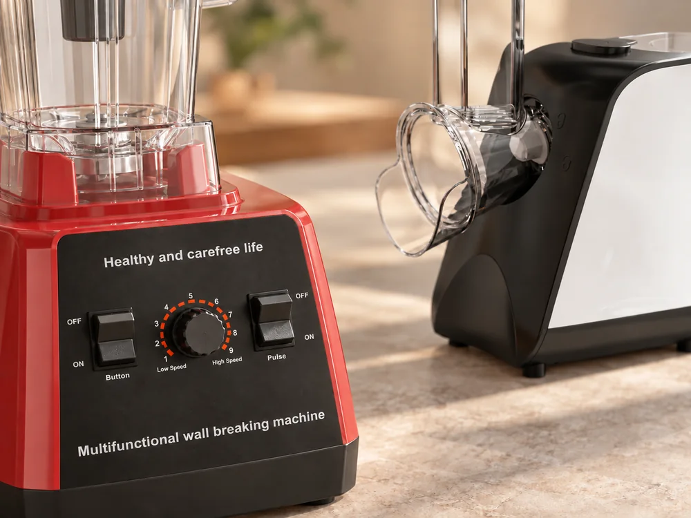 Close views of the PBJ-01 blender dial and rocker switches beside the SLJ-01 feed chamber and top control
