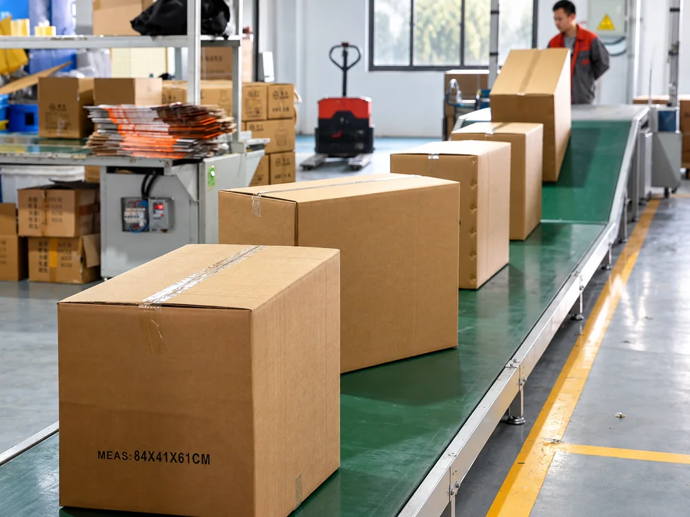 Existing cartons arranged along the green conveyor in JINJIE's packing area