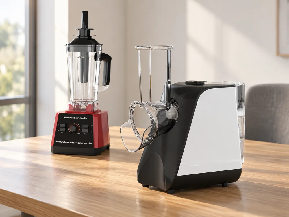 A red PBJ-01 blender and white SLJ-01 salad maker arranged at different depths on a sample-review table
