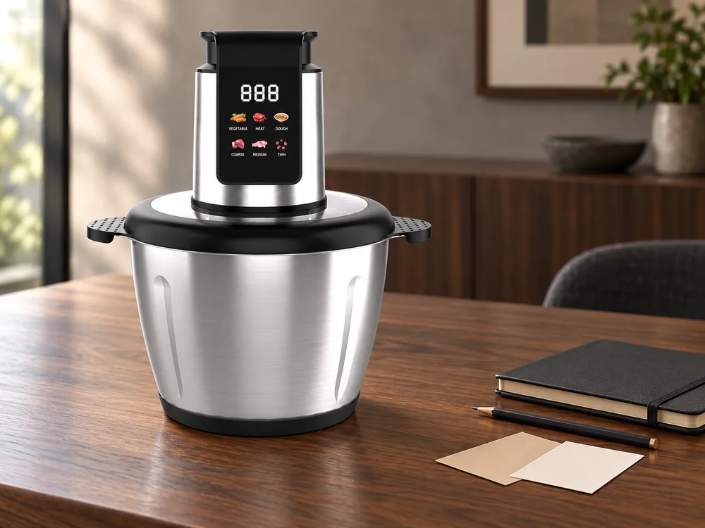 SD-01 steel-bowl chopper beside a notebook and plain swatches on a sample-review table