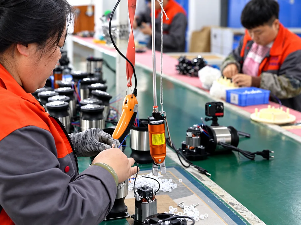 Workers and motor housings at a JINJIE assembly bench