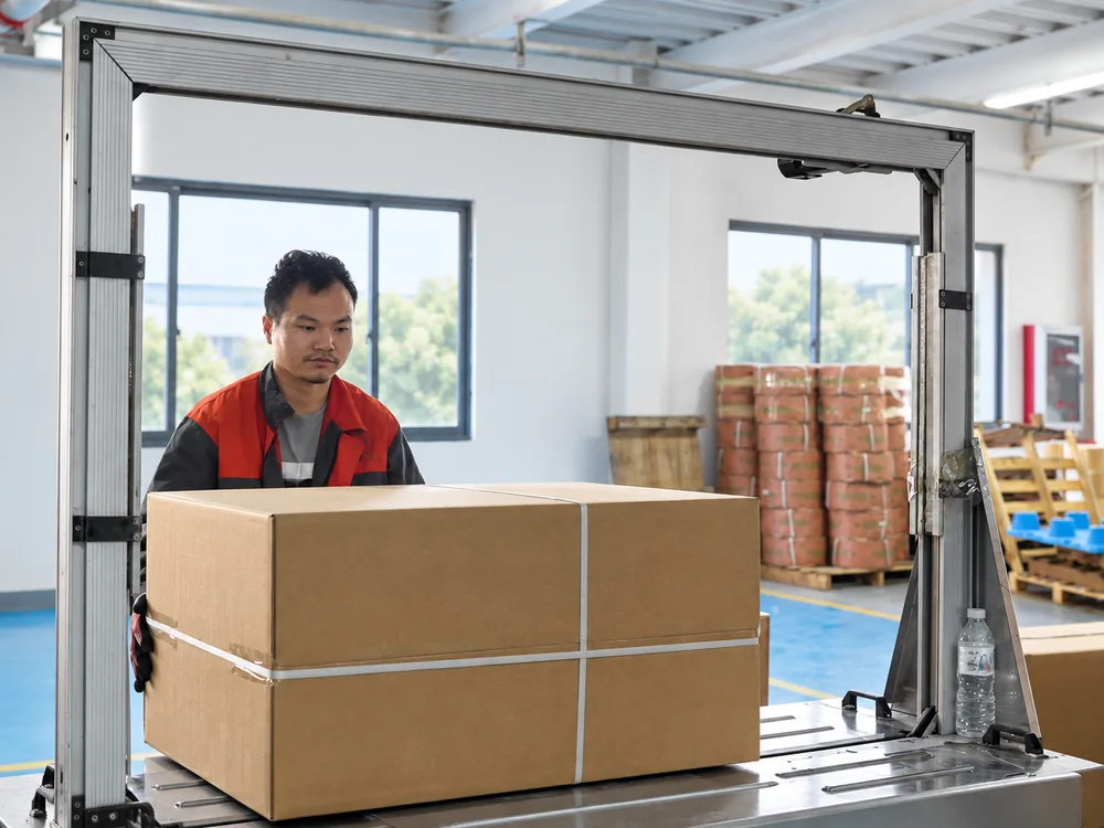 A strapped carton and worker at a JINJIE packing station