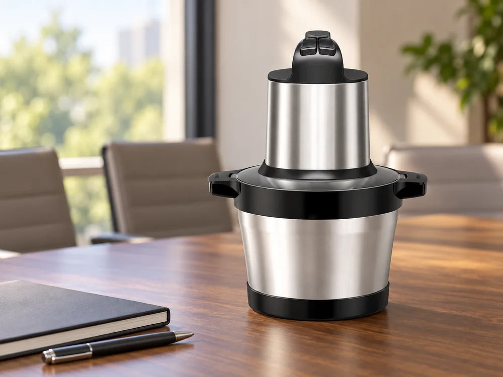 MC-03 chopper on a sample-review meeting table with a closed notebook