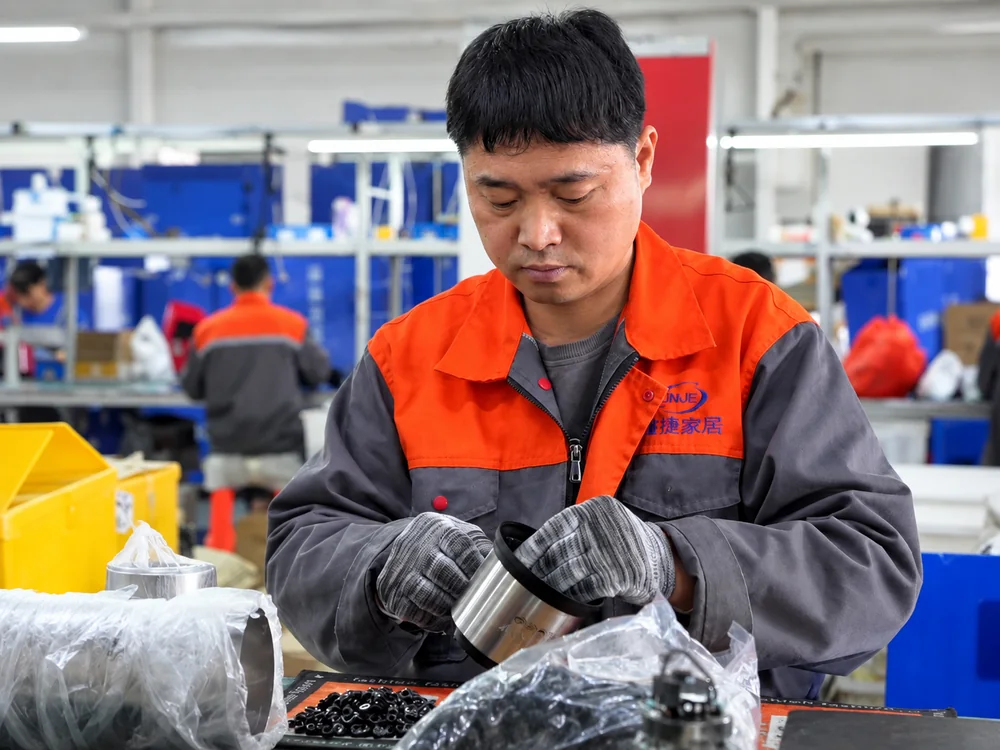 A JINJIE worker handling a motor housing beside protected components