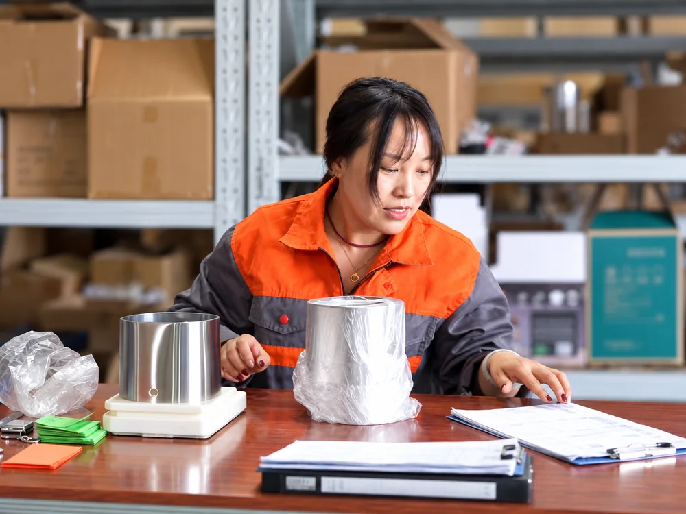 A JINJIE worker at an inspection desk with appliance housings