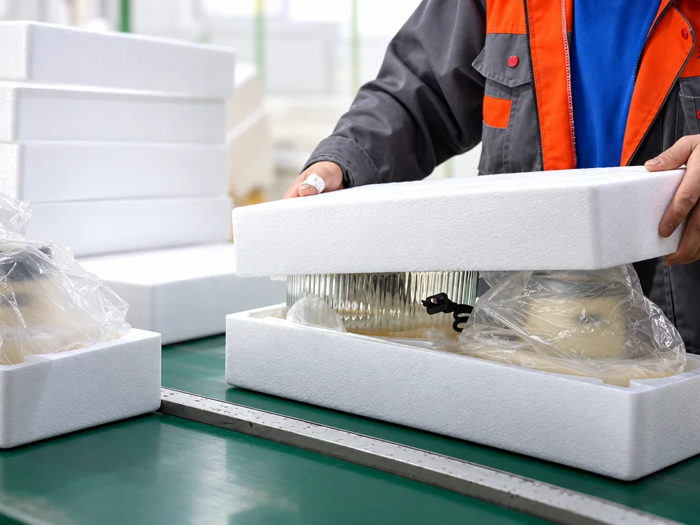 A worker fitting protective packaging around appliance components at JINJIE