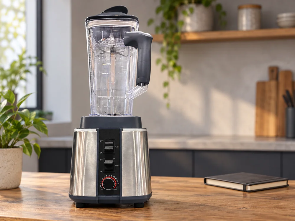 Countertop blender with a handled jug on a sample-review table.