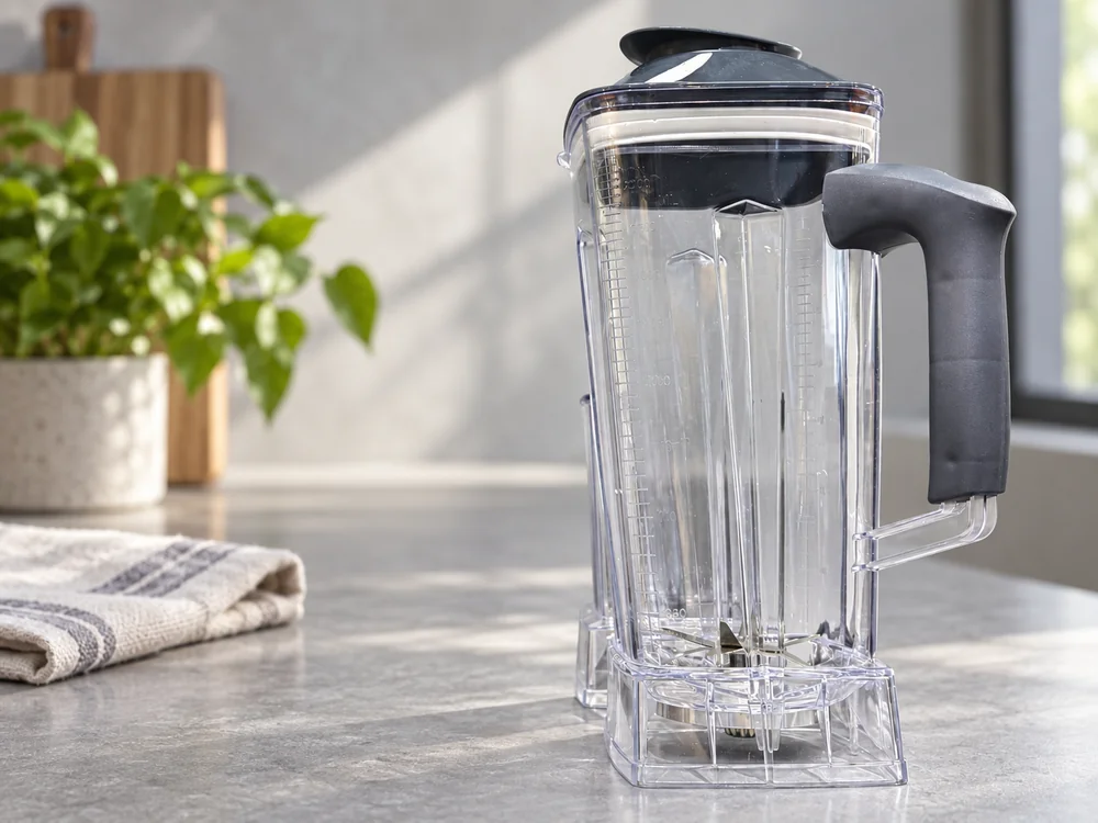 Separate transparent blender jug with fitted lid and dark handle.