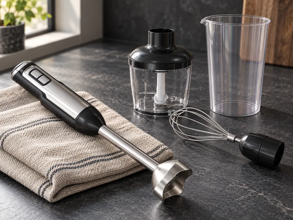 Hand blender shaft, whisk, beaker and closed chopping cup arranged on a slate worktop..