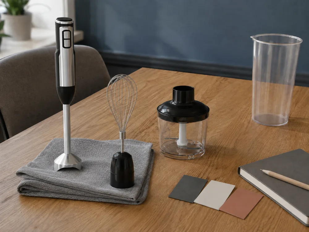 A sample-discussion scene based on the supplied hand blender set.